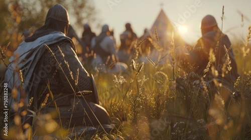 A group of knights take a break from their journey setting up camp in a beautiful field. They share stories jokes and songs forming a strong bond that goes beyond their knighthood.