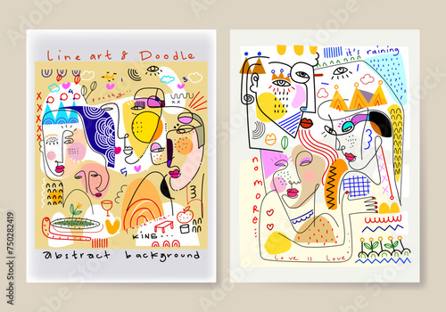 Abstract face portrait person geometric, doodle, line art hand drawn vector illustration. Aesthetic design for art print, wall art, banner, cards, poster, cover and decoration. © Suryadi