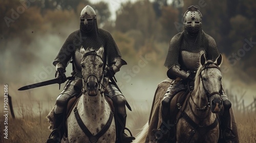A pair of Norman knights mounted on their trusty steeds and surveying the battlefield for their next move.