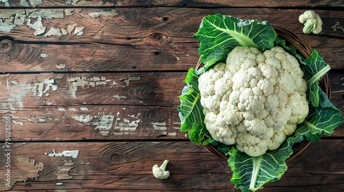 Cauliflower on wooden table. Rustic tabletop with cauliflower. Top view
