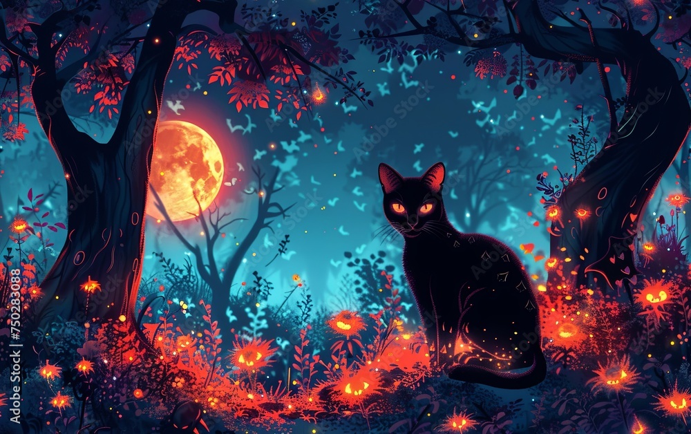 Black cat on the night of the full moon background. Halloween theme. copy text space. Black cat on the night of the full moon background. Halloween theme. copy text space.