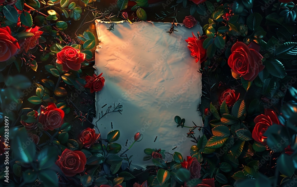 Blank white sheet paper on red roses flower night background. Flat lay, top view. greeting card. presentation. advertisement. copy text space.