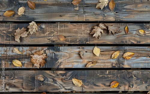 Close-up of dry leaves on wooden slats texture background. Flat lay, top view. copy text space.