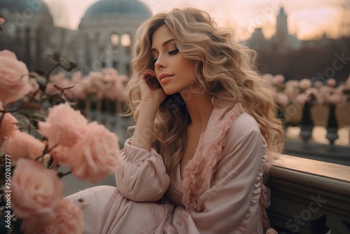 Elegant Woman with Beautiful Long Blonde Hair, Wearing a Stunning Pink Dress, Sitting Gracefully on a Wooden Bench Surrounded by Lush Blooming Pink Roses in a Serene Park Setting
