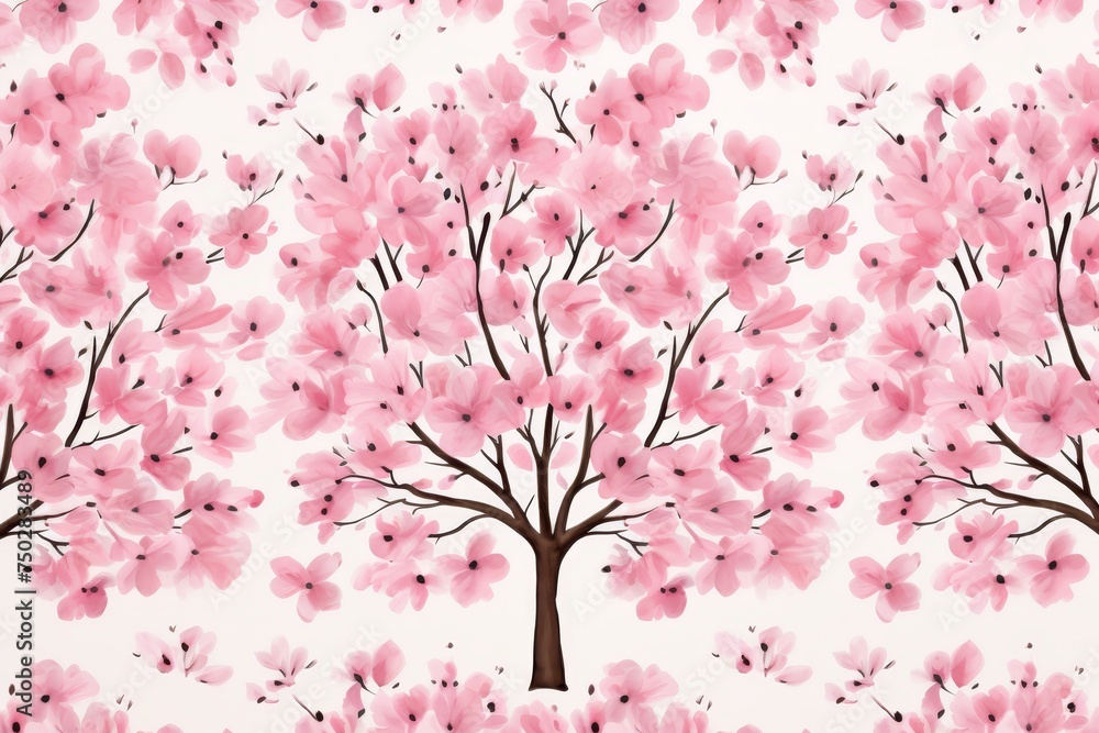 Fototapeta premium Captivating watercolor of a cherry blossom tree with delicate pink flowers and falling petals on a serene white backdrop. Ideal for elegant spring or nature-inspired designs.