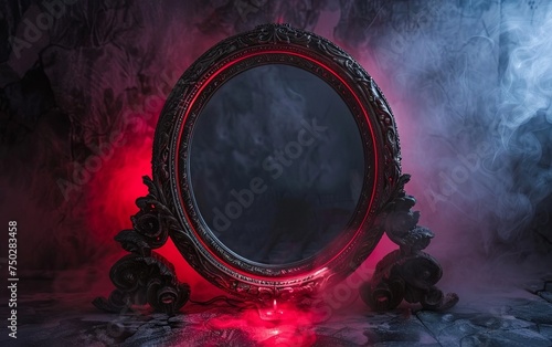 Round picture frame red colors mystical lighting on smoke dark background. Halloween theme. copy text space.