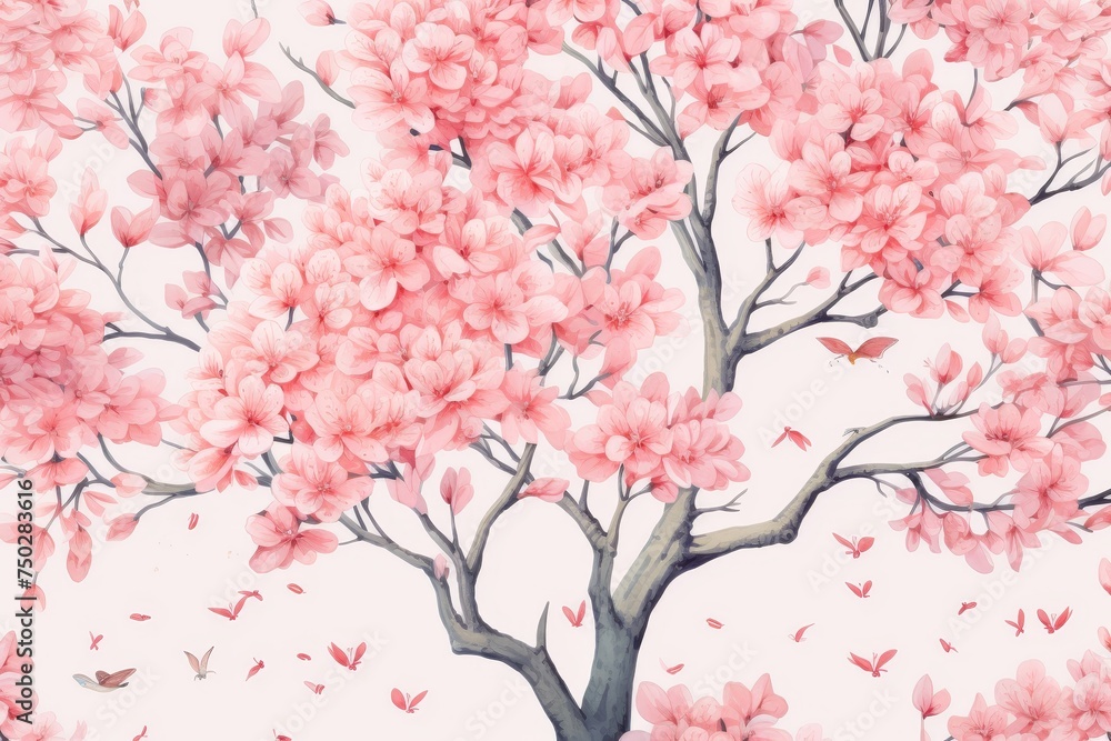 Lovely pink cherry blossom tree with graceful butterflies on a bright white backdrop. Serene and enchanting spring or Easter theme. Isolated tree on a clean white background for a peaceful atmosphere.