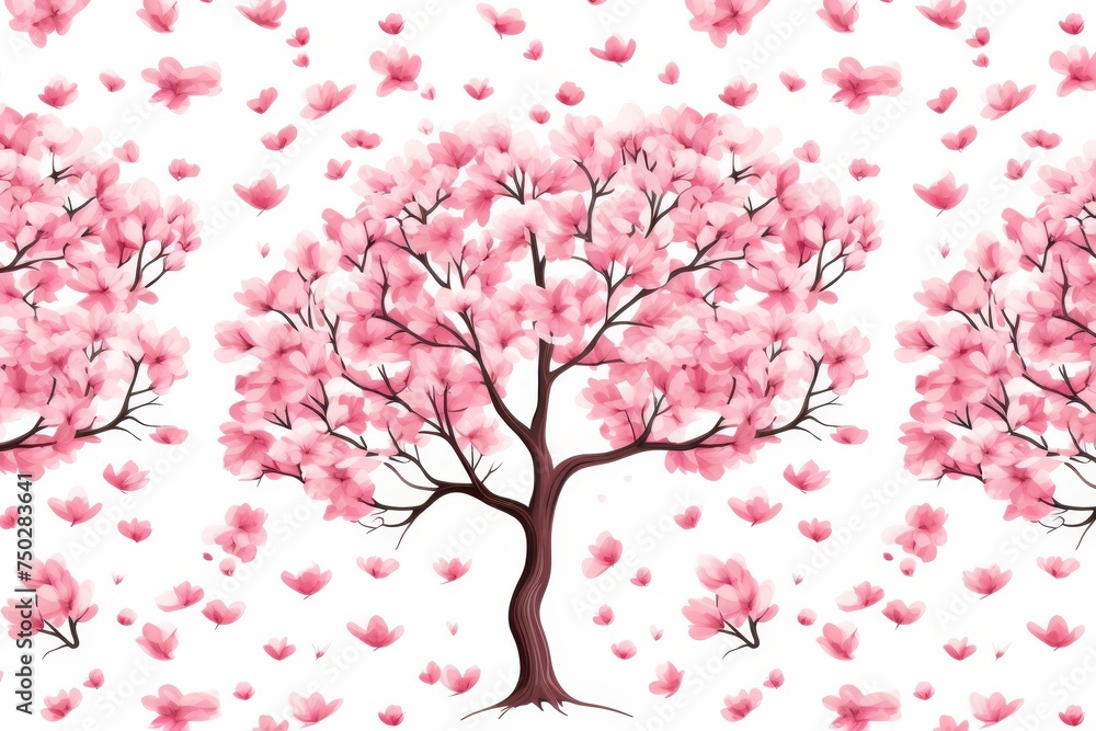 Fototapeta premium Pink cherry blossom tree with falling petals on white background. Isolated on white background. Use for spring, blossom, or nature concepts. Great for backgrounds, cards, and posters.