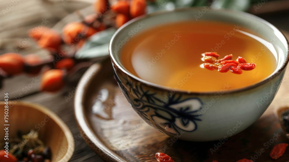A closeup of a cup of aromatic herbal tea made with traditional Chinese ingredients like ginseng goji berries and dried wolfberries. A closeup of a cup of aromatic herbal tea made with traditional Chinese ingredients like ginseng goji berries and dried wolfberries.