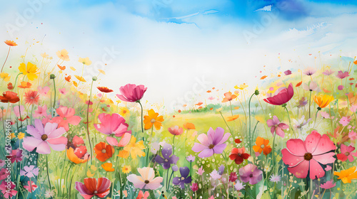 a field of flowers, field of very colorful flowers made with watercolor © Gomez