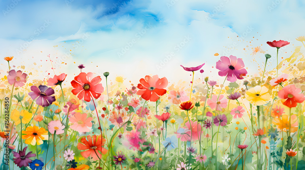 Obraz premium a field of flowers, field of very colorful flowers made with watercolor