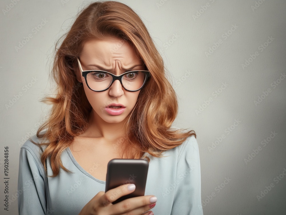 Woman in glasses looking worriedly at her cell phone with a plain background 