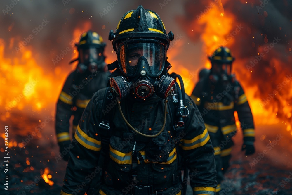 Brave firefighters in full protective uniforms aggressively tackling massive flames to save lives and property