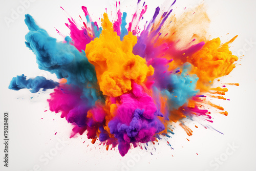 Explosion of vibrant Holi powdered colors for Indian Holi festival. Celebration of colors and joy  blasts and sprinkles of colored powder