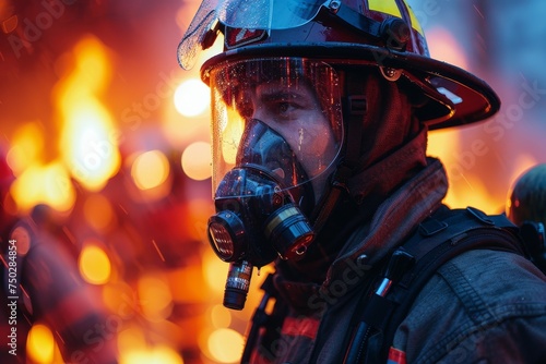 Vibrant and dramatic, a firefighter stands against an intense backdrop of flames and hot embers