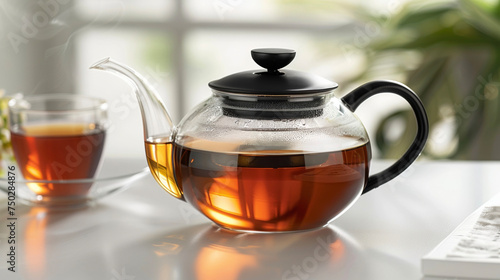 A steaming teapot filled with dark amber tea made from a blend of green tea leaves ginger and licorice.