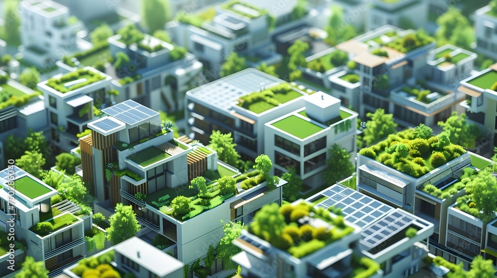 A vision of a futuristic city with eco-friendly and sustainable green roofs on buildings surrounded by tall trees and designed in the style of voxel art