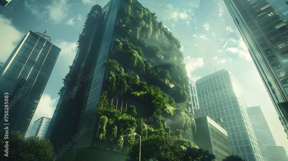A visually striking image of a tall futuristic skyscraper with lush plant life growing on its walls and roof in a city environment depicted in a high-definition matte painting style