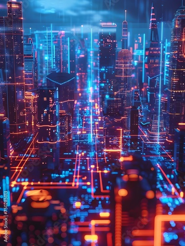 A digital art illustration of a futuristic city with bright lights and neon-infused digitalism in a style of dark turquoise and red showcasing modern advancements and innovative technology in an urban