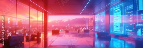 A calming and introspective image of a futuristic city with a neon-lit skyline richly colored skies and abstract computer screens in