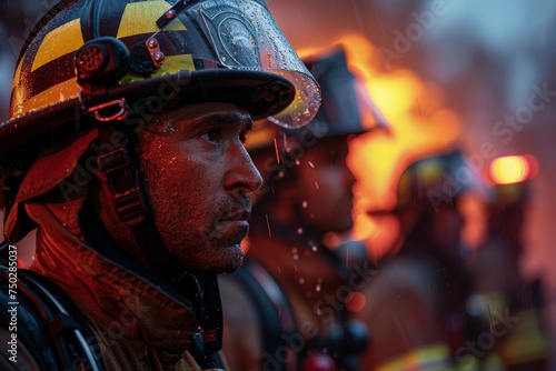 The image captures a firefighter from behind as he observes the intense flames in front of him