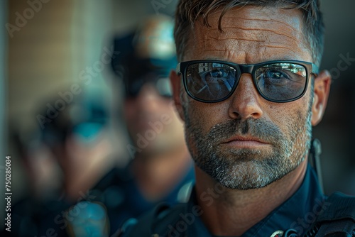 Close-up of a serious police officer with reflective sunglasses and radio background photo