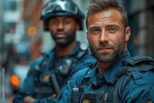 A male policeman's portrait with strong eye contact, his partner blurred in the background