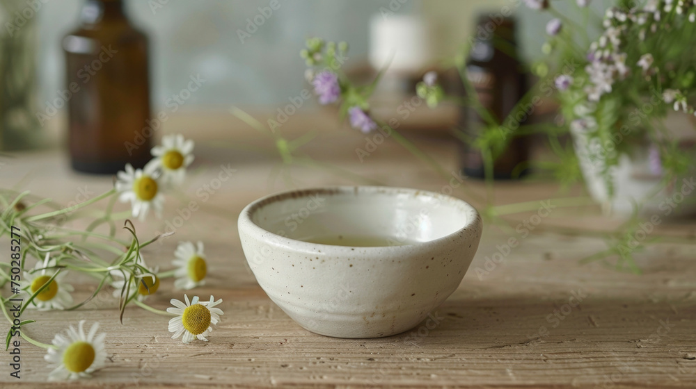 A small ceramic bowl holding a mixture of various essential oils each one carefully selected for its unique healing benefits.