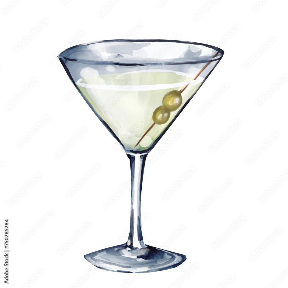 Watercolor illustration of a dirty Martini . isolated.
colorful watercolor hand painted illustration of an alcoholic beverage in a martini glass
