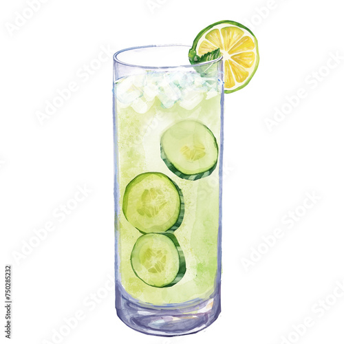 Watercolor illustration of a Cucumber Lime Fizz . isolated. Colorful watercolor hand-painted illustration of an alcoholic beverage in a tall glass