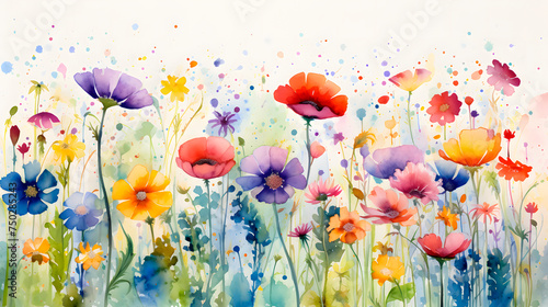 a field of flowers, field of very colorful flowers made with watercolor #750285243