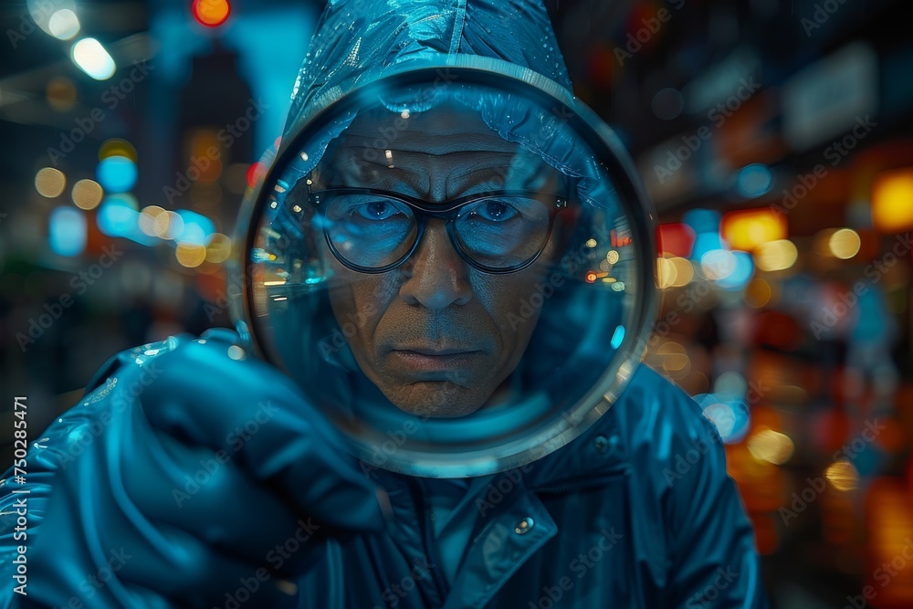 A man wearing glasses and raincoat examines closely with a magnifying glass against a city night backdrop