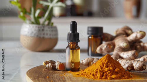 A dropper filled with a goldencolored liquid labeled Turmeric Essential Oil and surrounded by fresh turmeric root and powder known for its powerful antiinflammatory effects. photo