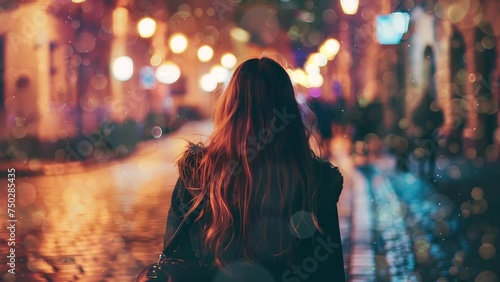 back view of girl walking on city street at night. seamless looping overlay 4k virtual video animation background photo