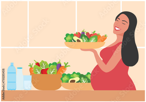 Pregnant woman eating healthy food vector illustration. Mother care concept