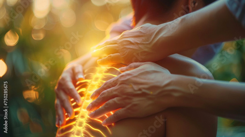 Fingers lightly tracing up and down a persons spine releasing any blockages and promoting energy flow. photo