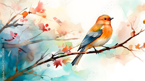 bird on the branch of a tree made with watercolor © Gomez
