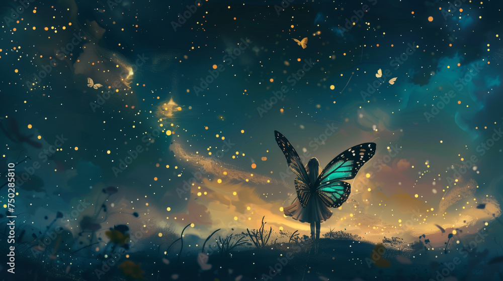 A fairy with butterfly wings stares the starry night - obrazy, fototapety, plakaty 