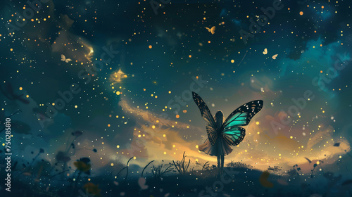 A fairy with butterfly wings stares the starry night photo