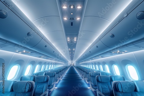 An atmospheric shot of an airplane's blue-lit cabin with unoccupied seats and a central aisle
