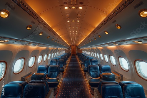 A view of an empty aircraft interior with blue seats, carpeted aisle, and overhead compartments