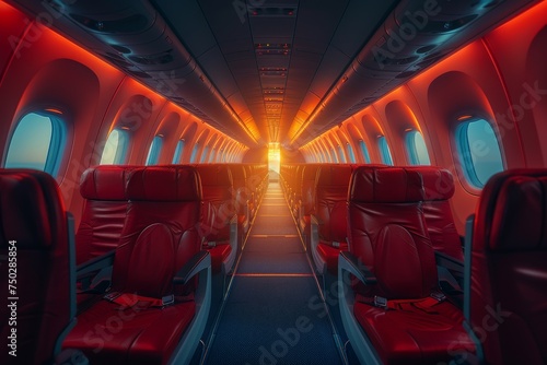 Inside an airplane, empty red seats face windows showing a colorful sunset glow welcoming travelers