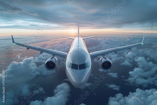 Atmospheric image of an airplane's frontal view with clouds and sunset hues in the sky