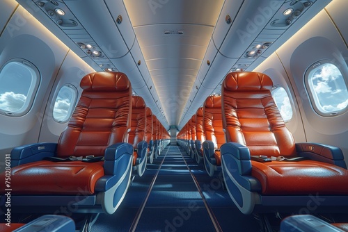 Capture of a brightly lit airplane cabin with luxurious red seats aiming at high-end travel experience
