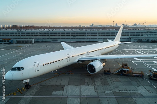 A wide-bodied commercial airplane parked on the tarmac with the setting sun casting a soft light, emphasizing the majesty of air travel photo