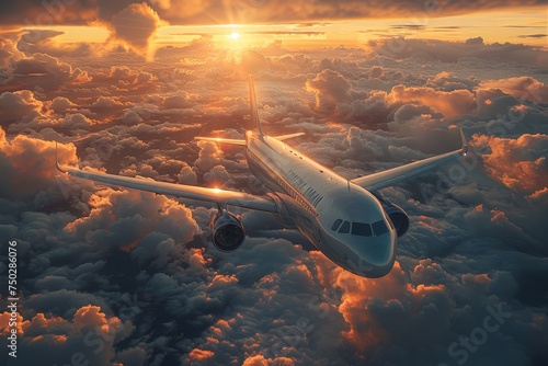 Gold-hued clouds and a majestic sunrise envelop an airplane in flight, symbolizing hope and the promise of a new day's travels