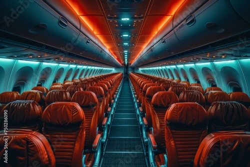 A sleek view of an airplane's interior with red leather seats aligned in both sides, giving a sense of travel luxury and comfort