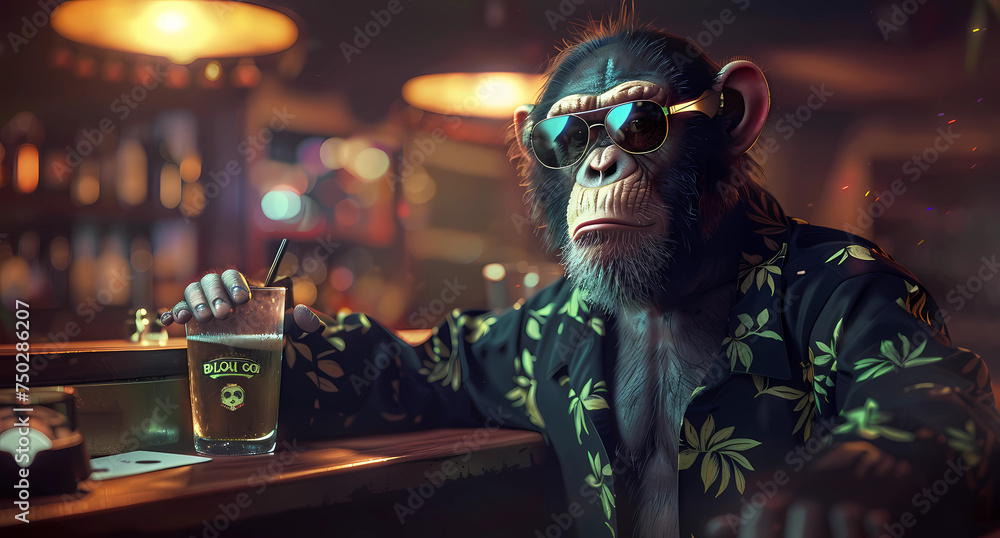 a monkey is wearing a dj shirt at a restaurant - obrazy, fototapety, plakaty 