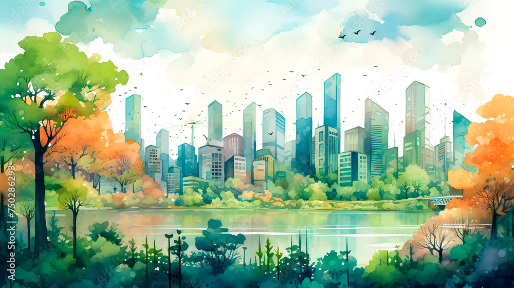 city ​​painted in watercolor, city with nature