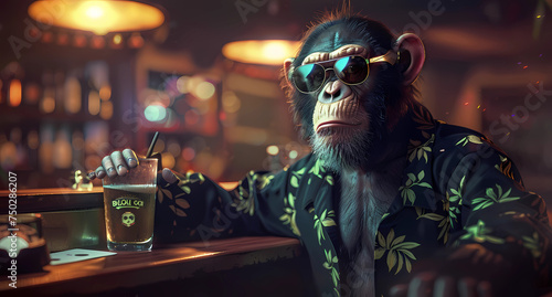 a monkey is wearing a dj shirt at a restaurant photo